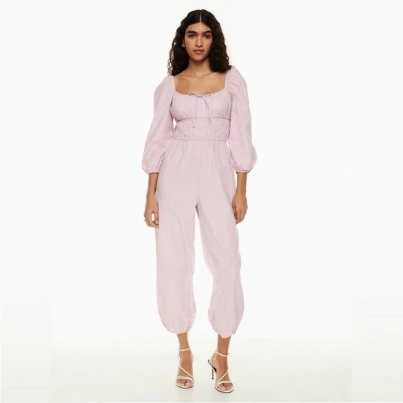 NWT Aritzia Wilfred Waters Poplin Jumpsuit Romper Smocked in Cloudy Lilac Medium - Picture 4 of 12